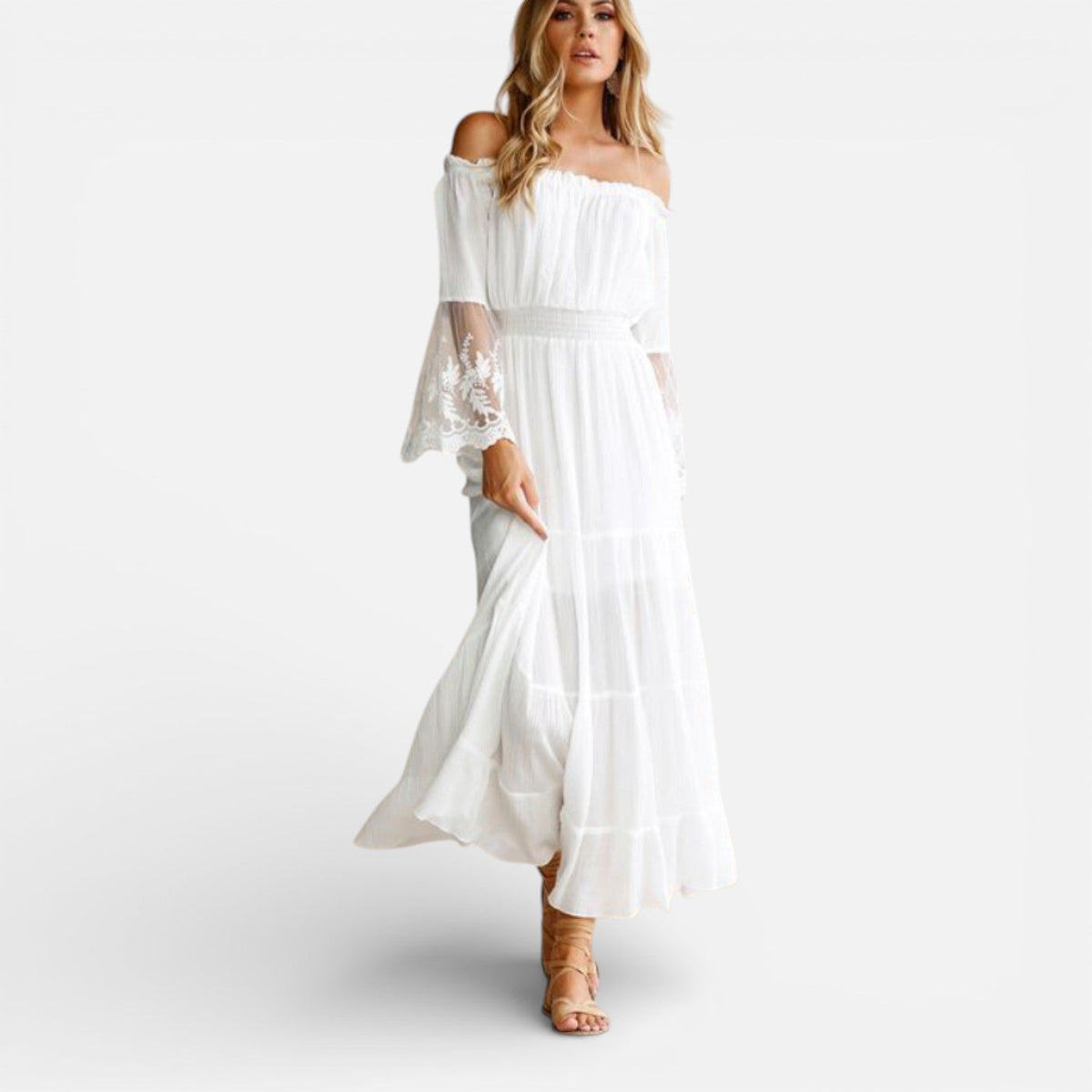Abito Lungo Donna Off Shoulder con Pizzo