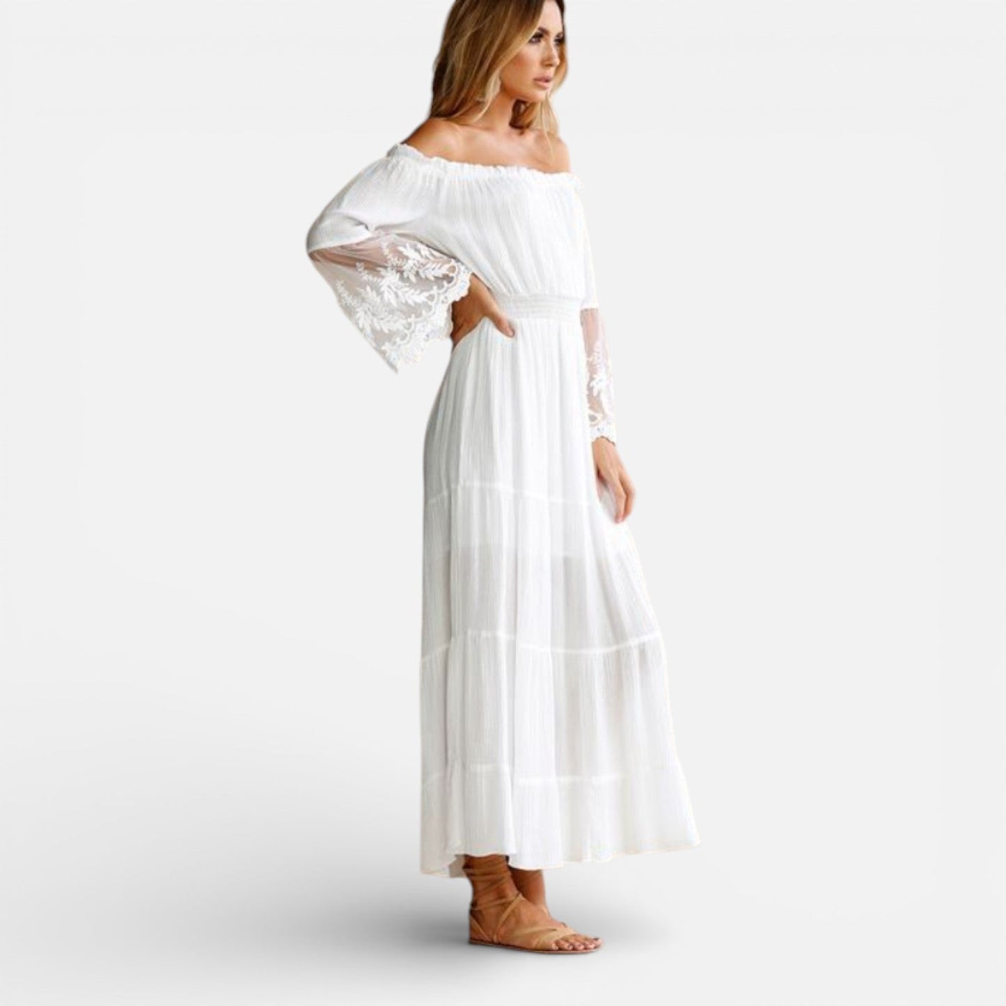 Abito Lungo Donna Off Shoulder con Pizzo