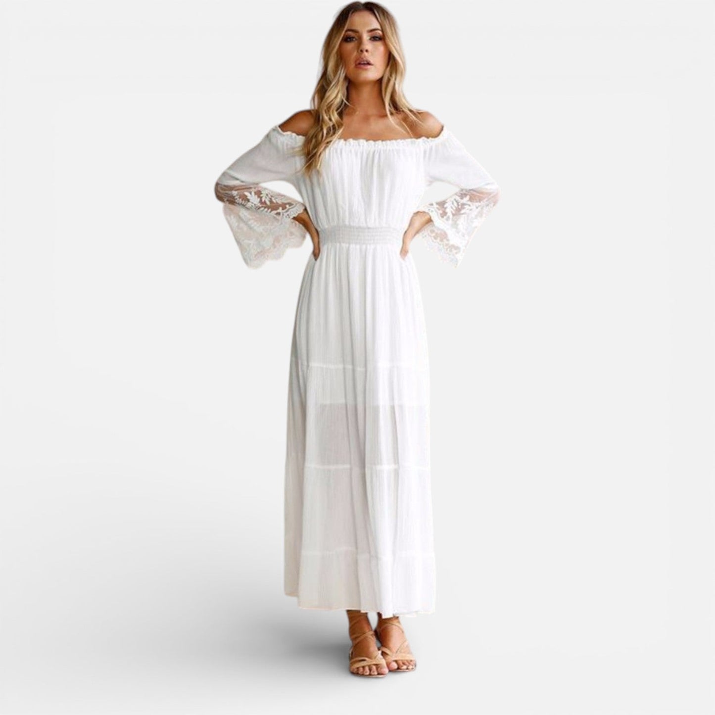 Abito Lungo Donna Off Shoulder con Pizzo