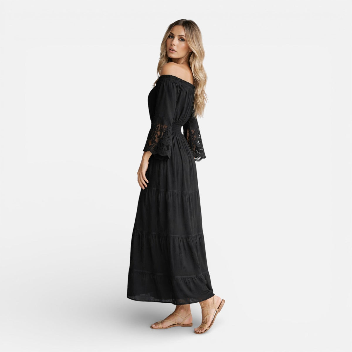 Abito Lungo Donna Off Shoulder con Pizzo