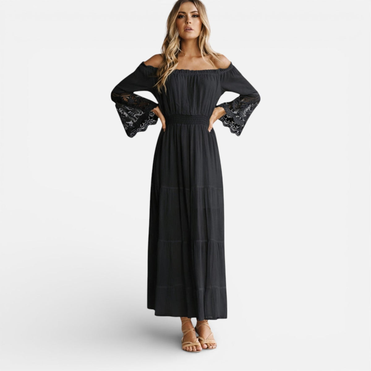 Abito Lungo Donna Off Shoulder con Pizzo