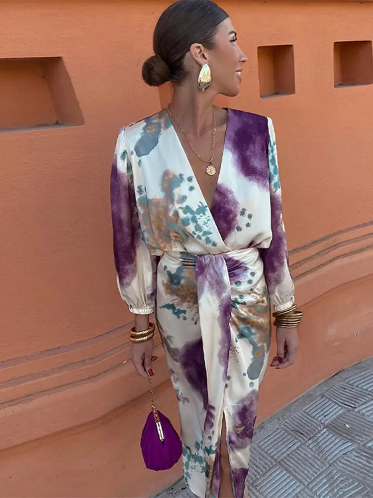 Abito Midi Donna Wrap Stampa Acquerello