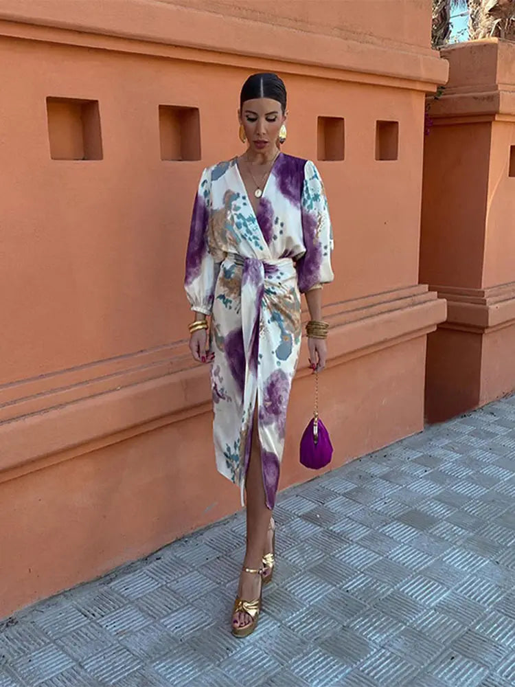 Abito Midi Donna Wrap Stampa Acquerello