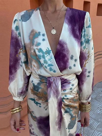 Abito Midi Donna Wrap Stampa Acquerello