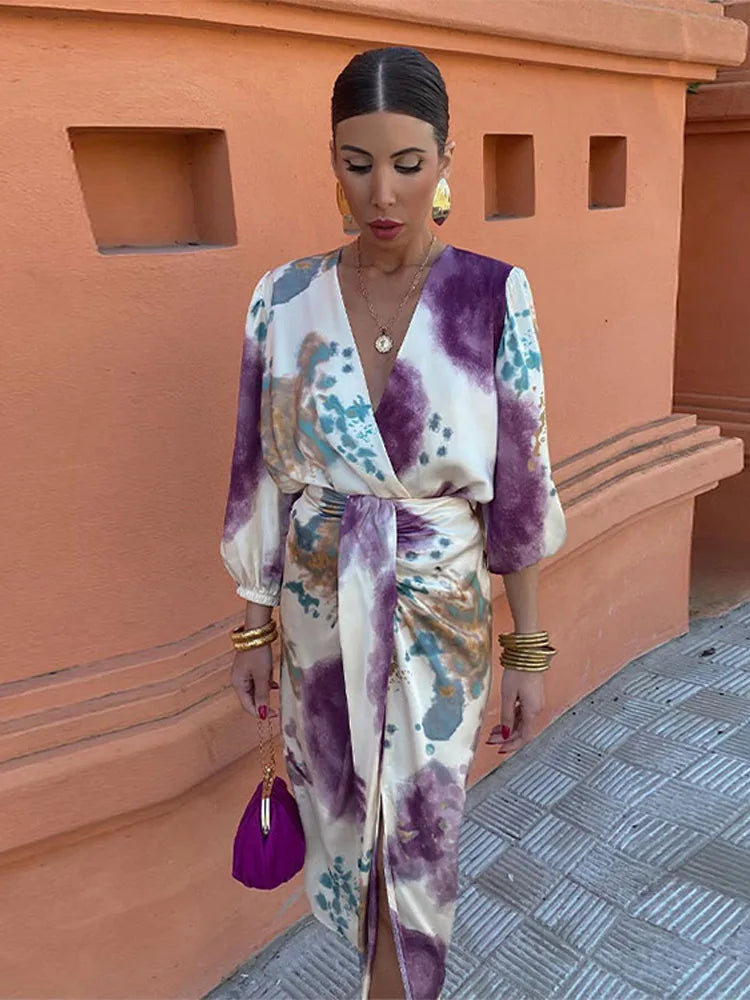 Abito Midi Donna Wrap Stampa Acquerello