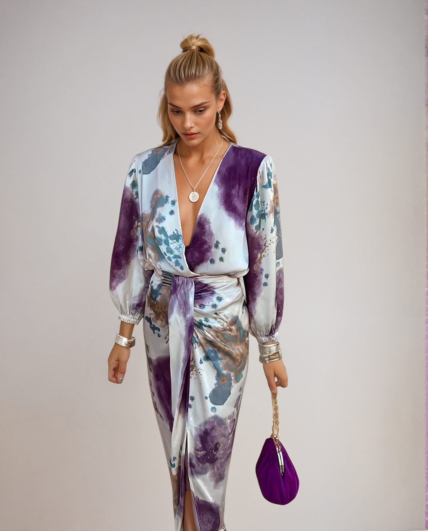Abito Midi Donna Wrap Stampa Acquerello