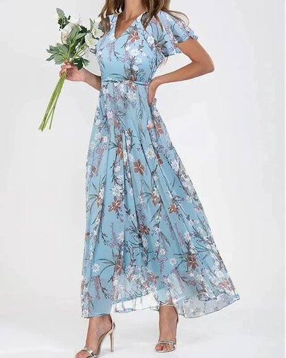 Abito Lungo Donna Floreale con Maniche Flutter