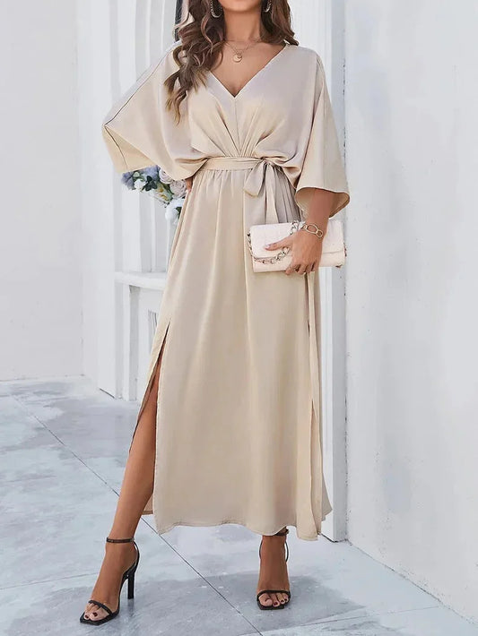Abito Lungo Donna con Scollo a V e Cintura