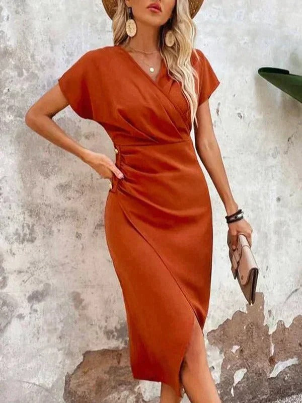 Abito Midi Donna Drappeggiato con Spacco