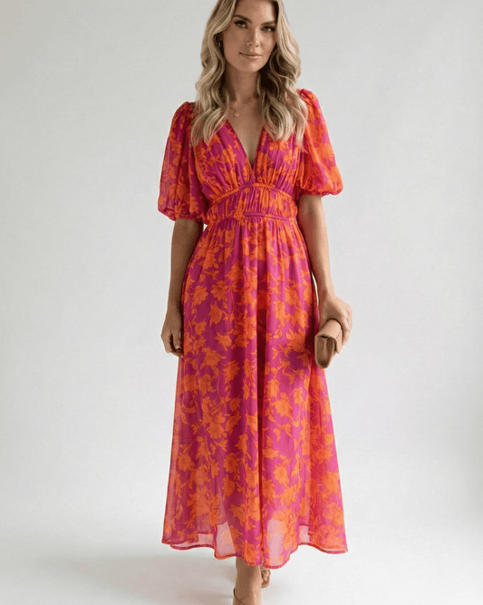 Abito Lungo Donna in Chiffon con Scollo a V