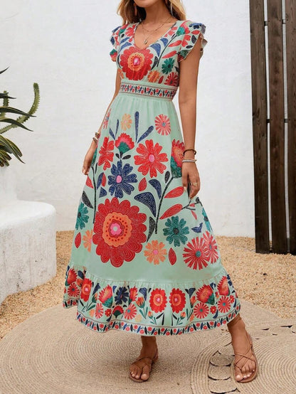 Abito Midi Donna Floreale con Volant