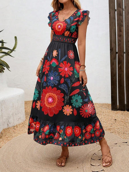 Abito Midi Donna Floreale con Volant