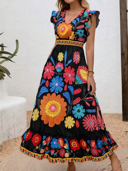 Abito Midi Donna Floreale con Volant