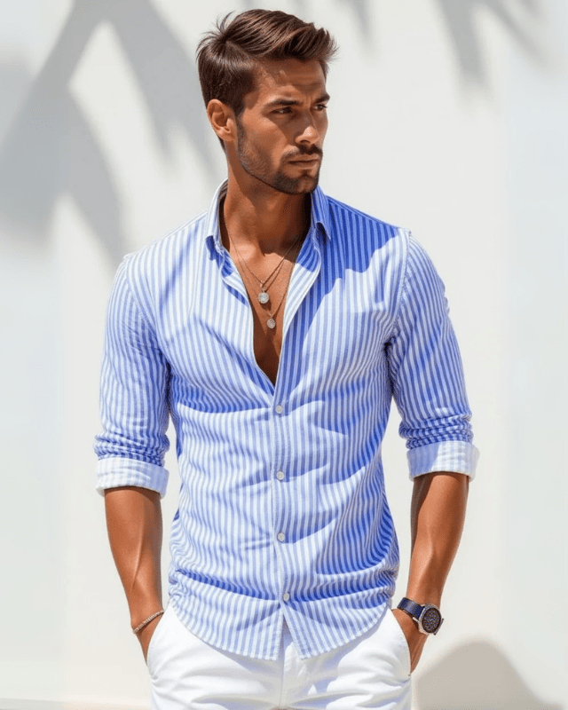 Camicia Uomo a Righe in Cotone Traspirante Leggera