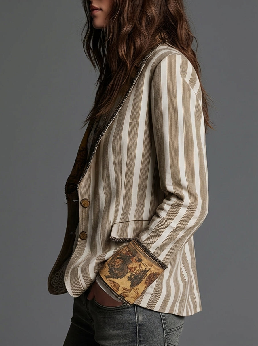 Sara | Blazer Donna Bohémien a Righe con Collo Stampato