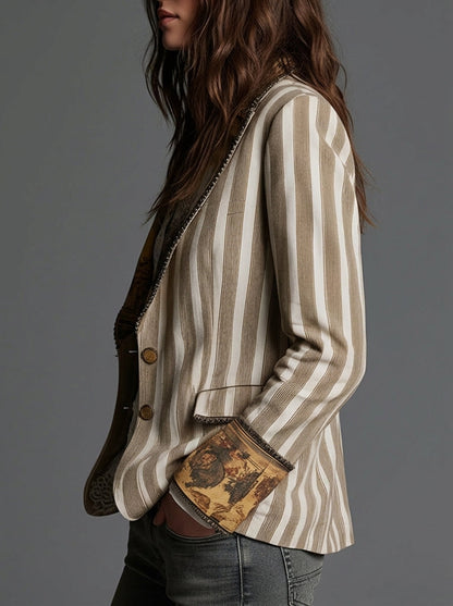 Sara | Blazer Donna Bohémien a Righe con Collo Stampato