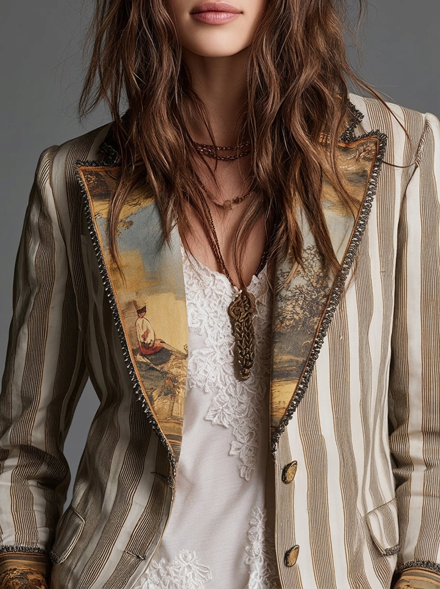 Sara | Blazer Donna Bohémien a Righe con Collo Stampato