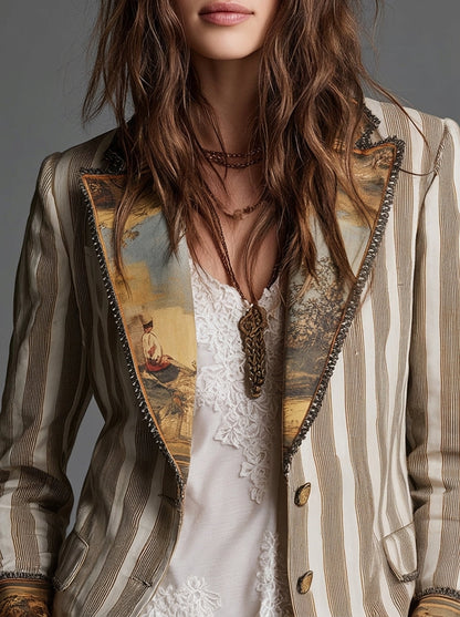 Sara | Blazer Donna Bohémien a Righe con Collo Stampato