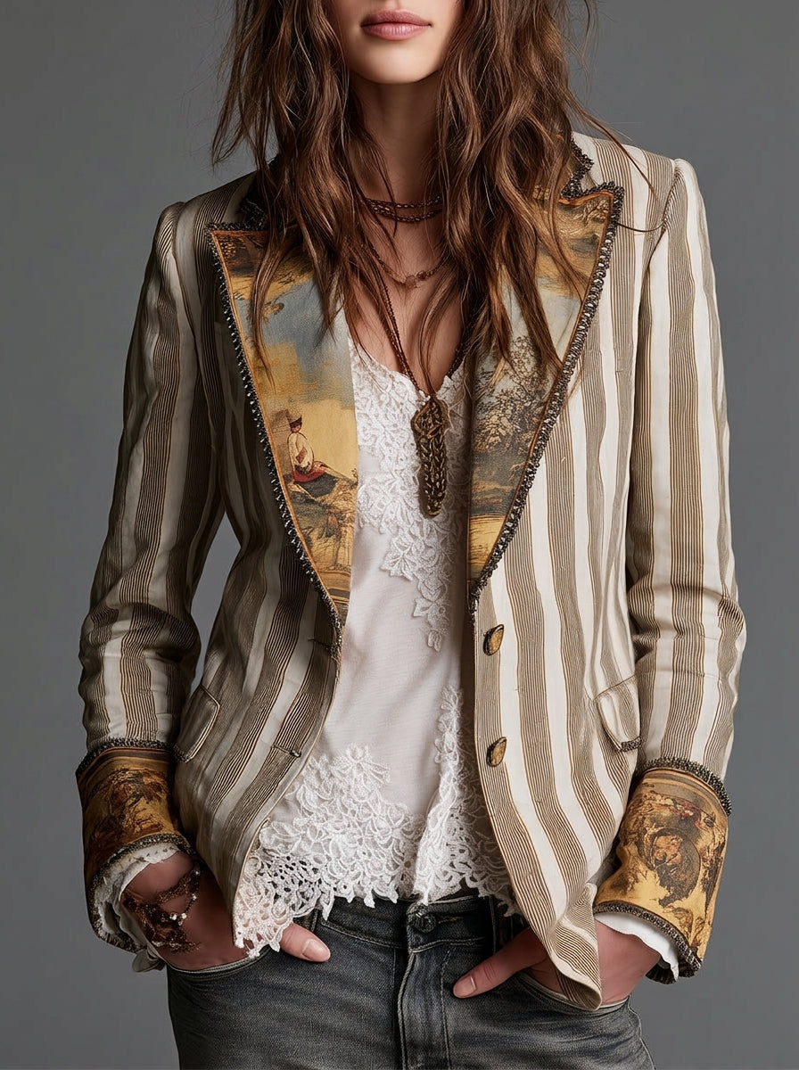 Sara | Blazer Donna Bohémien a Righe con Collo Stampato