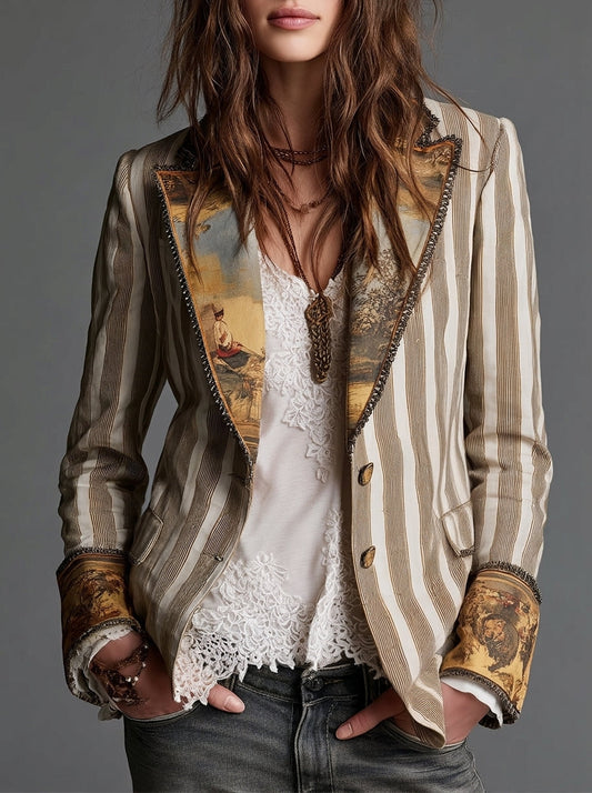 Sara | Blazer Donna Bohémien a Righe con Collo Stampato