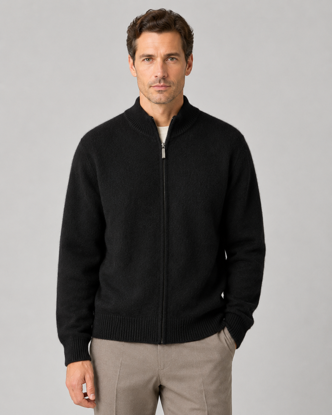 Cardigan Uomo in Lana Merino con Zip Collo Alto