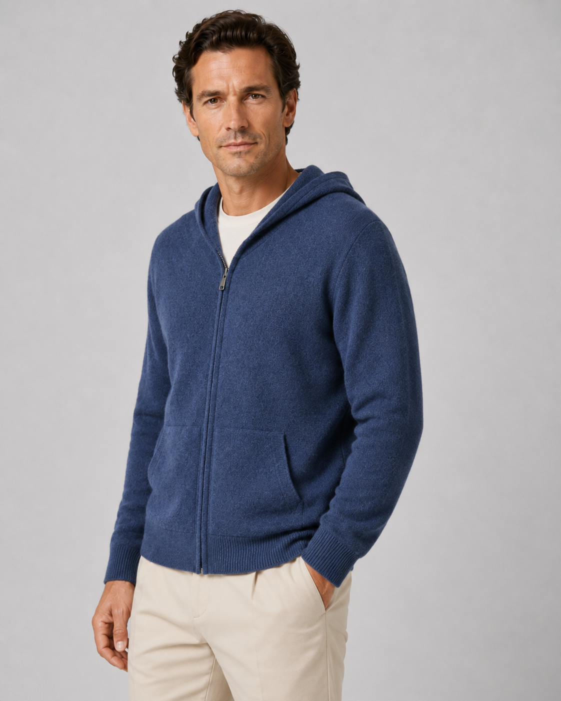 Maglione Uomo con Cappuccio in Lana Merino Full Zip Leggero