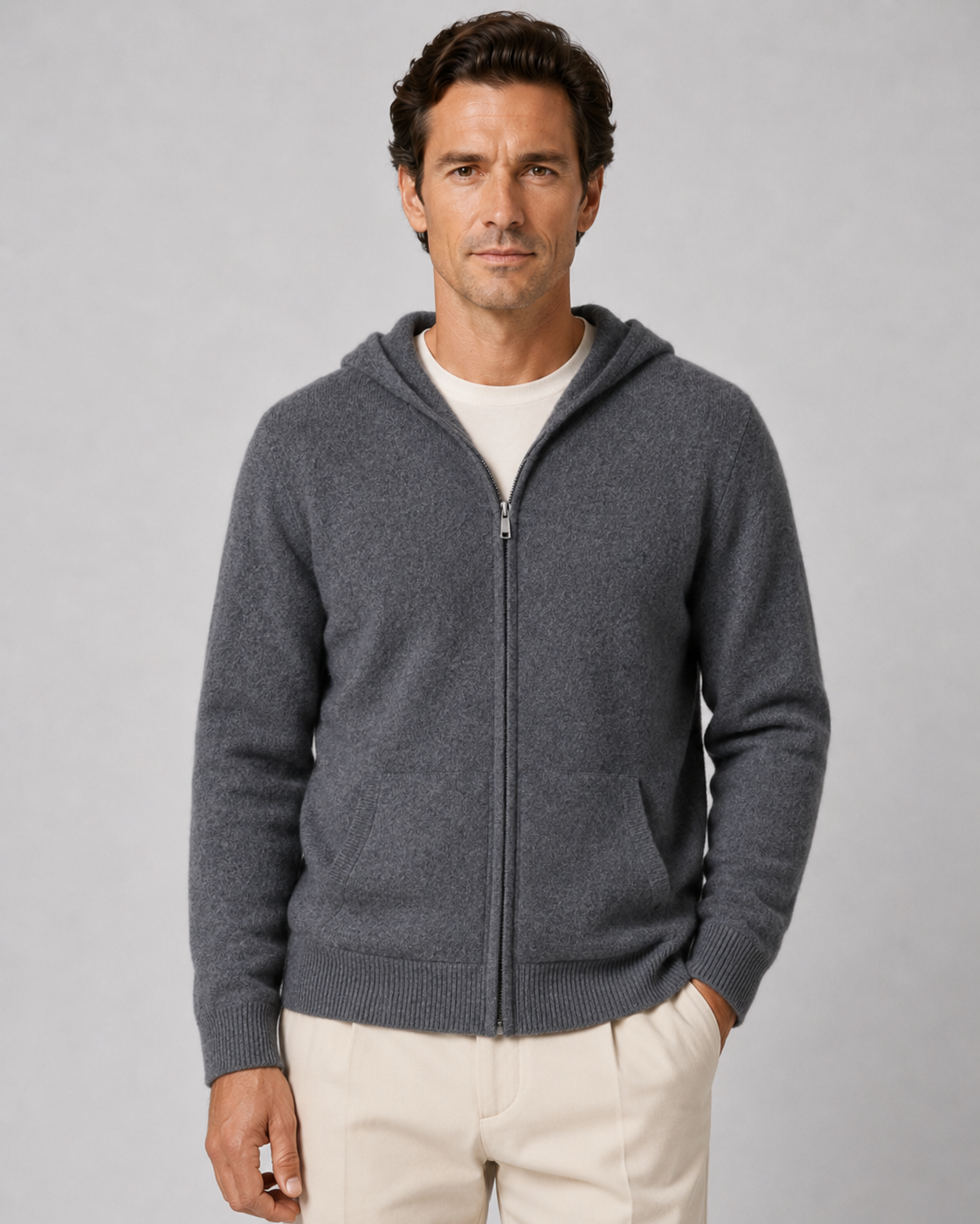 Maglione Uomo con Cappuccio in Lana Merino Full Zip Leggero