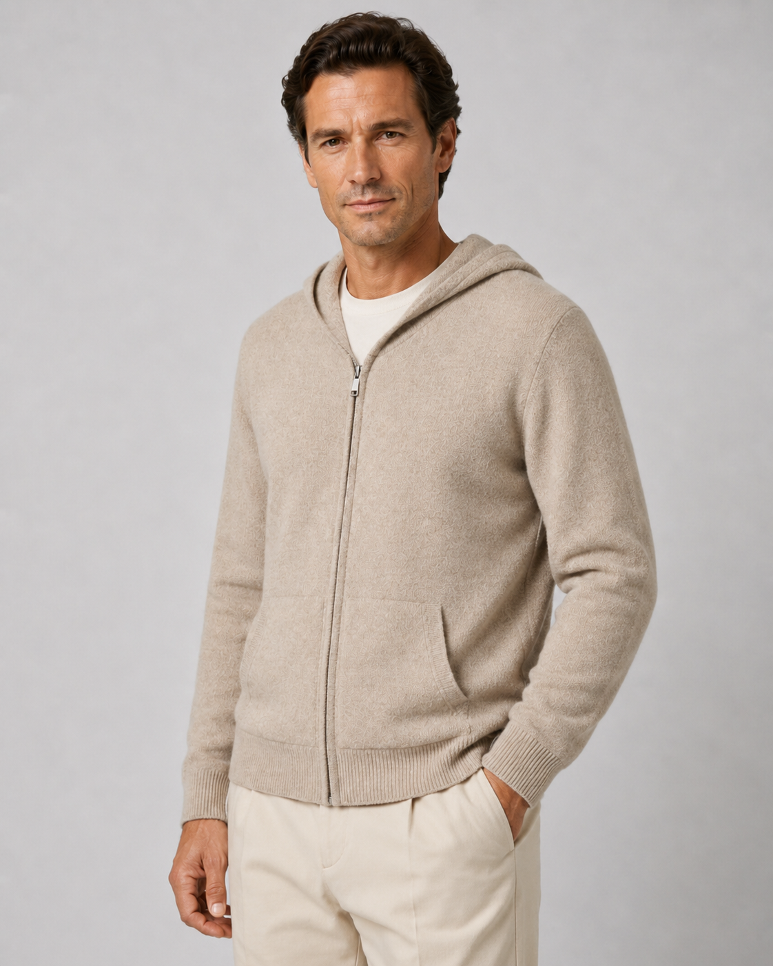 Maglione Uomo con Cappuccio in Lana Merino Full Zip Leggero
