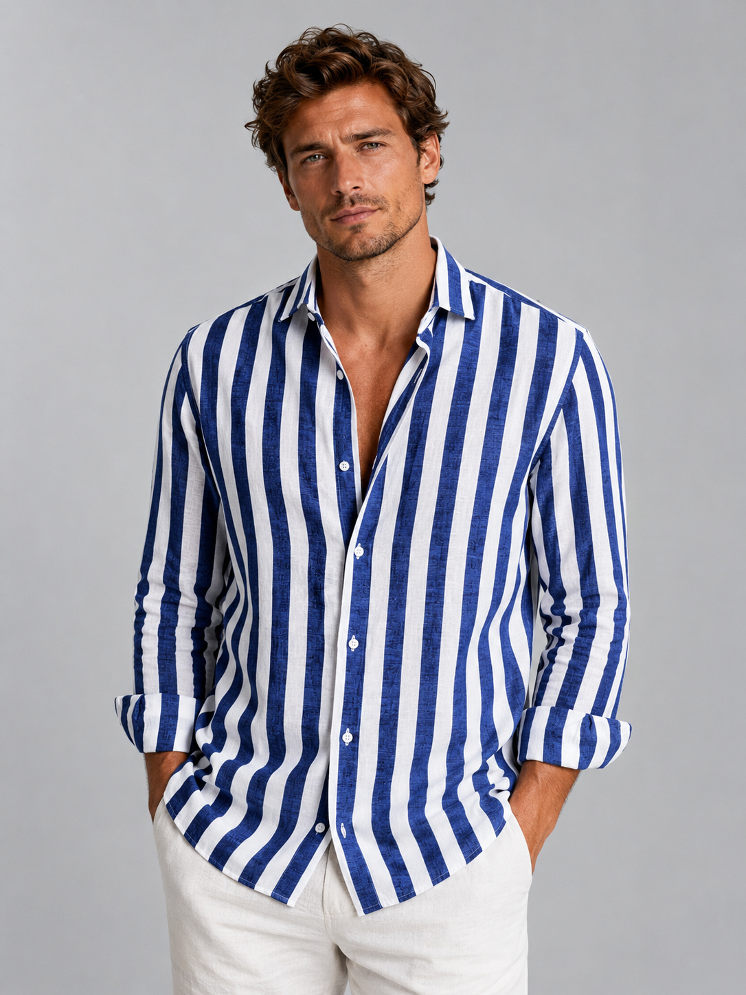 Camicia Uomo a Righe Effetto Lino Estiva Rilassata