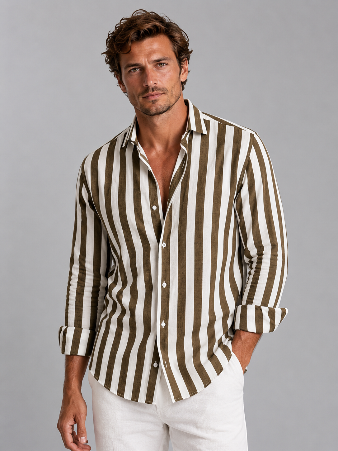Camicia Uomo a Righe Effetto Lino Estiva Rilassata
