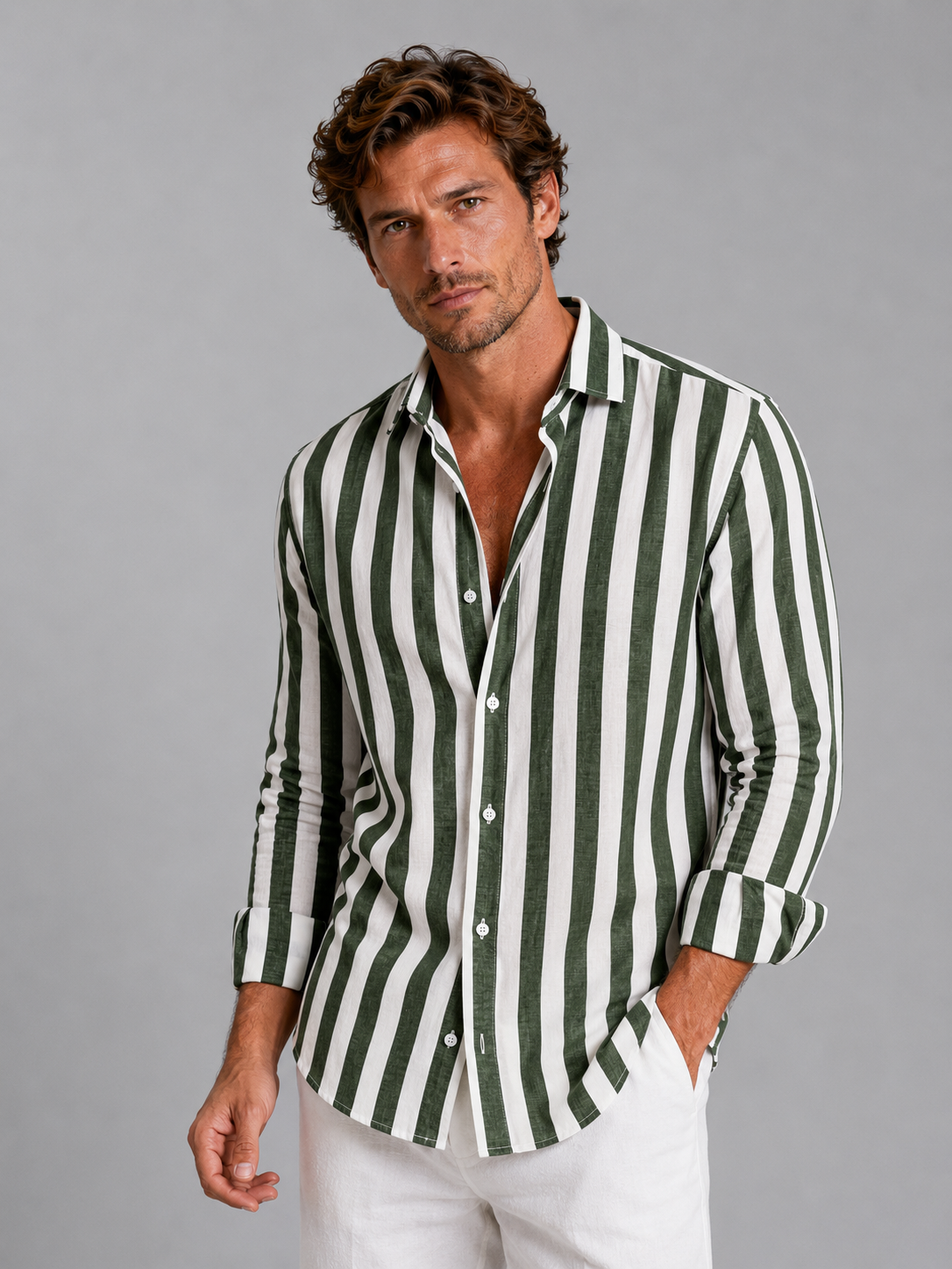 Camicia Uomo a Righe Effetto Lino Estiva Rilassata