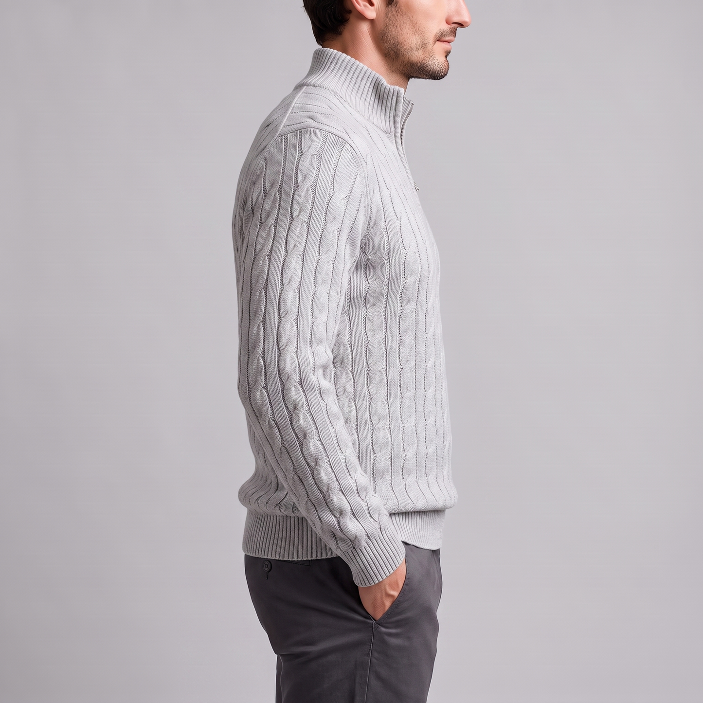 Maglione Uomo Mezza Zip in Maglia a Trecce Collo Alto