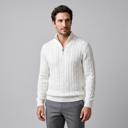 Maglione Uomo Mezza Zip in Maglia a Trecce Collo Alto