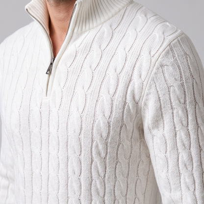 Maglione Uomo Mezza Zip in Maglia a Trecce Collo Alto