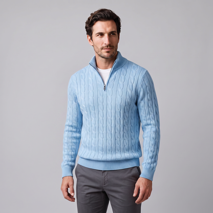 Maglione Uomo Mezza Zip in Maglia a Trecce Collo Alto