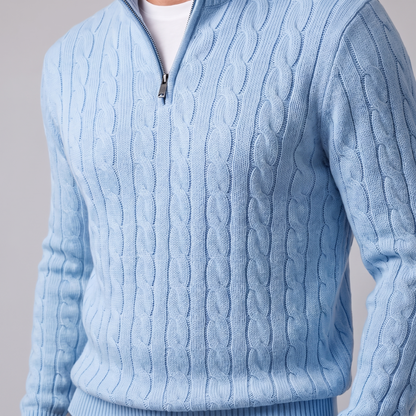 Maglione Uomo Mezza Zip in Maglia a Trecce Collo Alto
