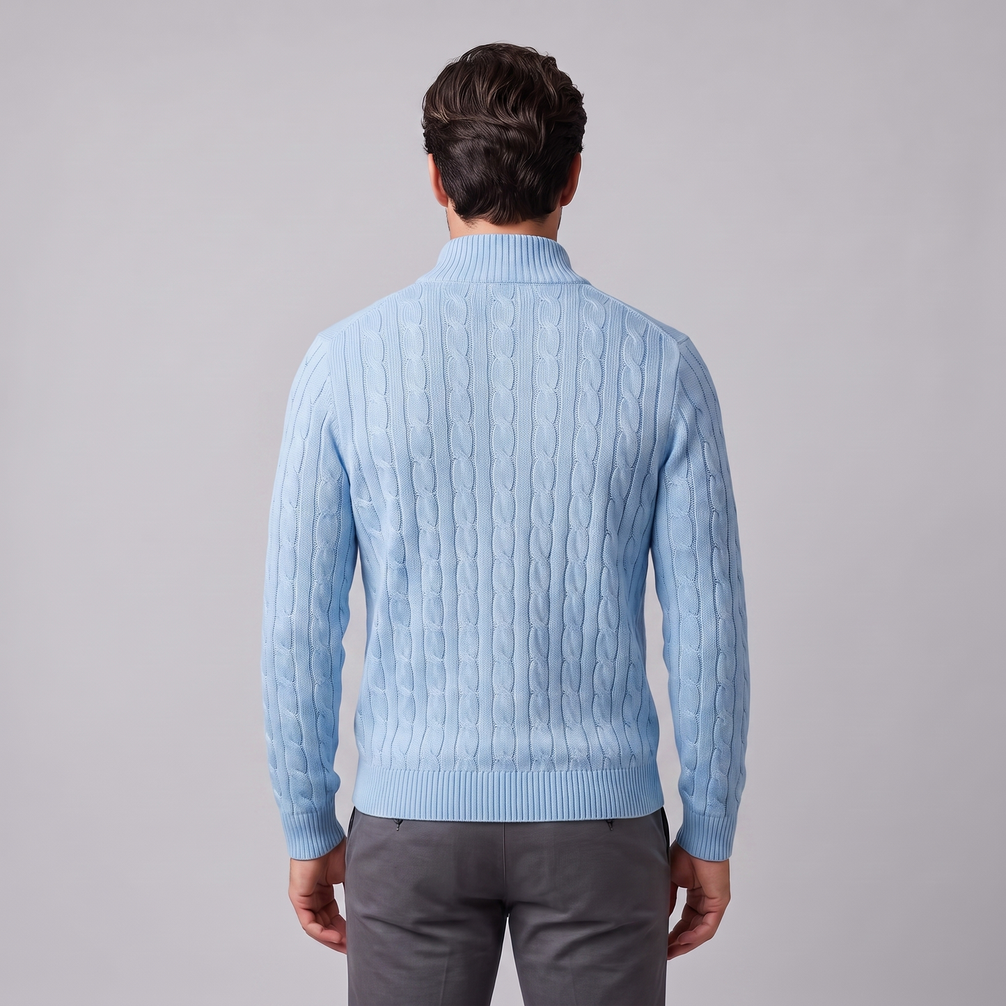Maglione Uomo Mezza Zip in Maglia a Trecce Collo Alto