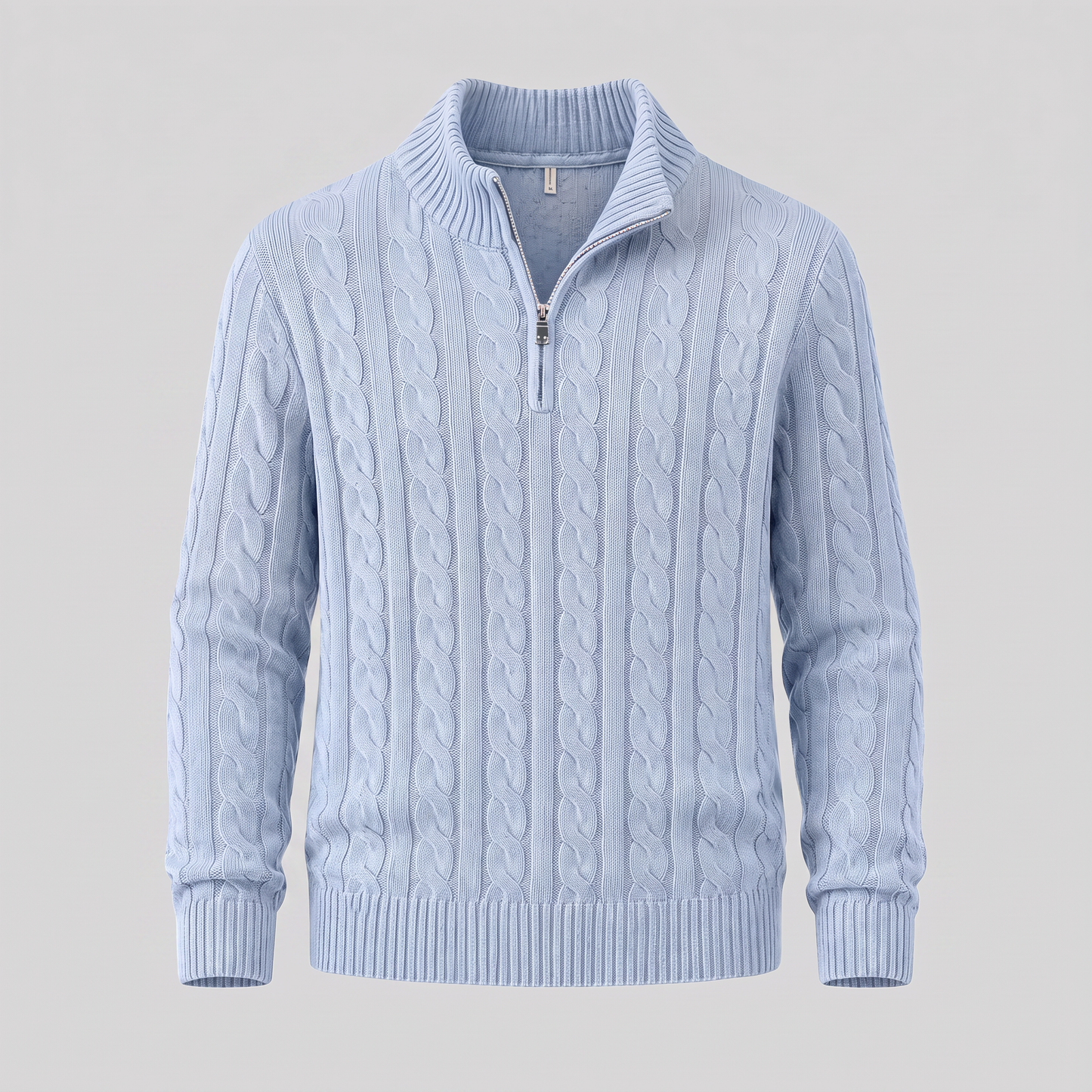 Maglione Uomo Mezza Zip in Maglia a Trecce Collo Alto