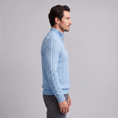 Maglione Uomo Mezza Zip in Maglia a Trecce Collo Alto