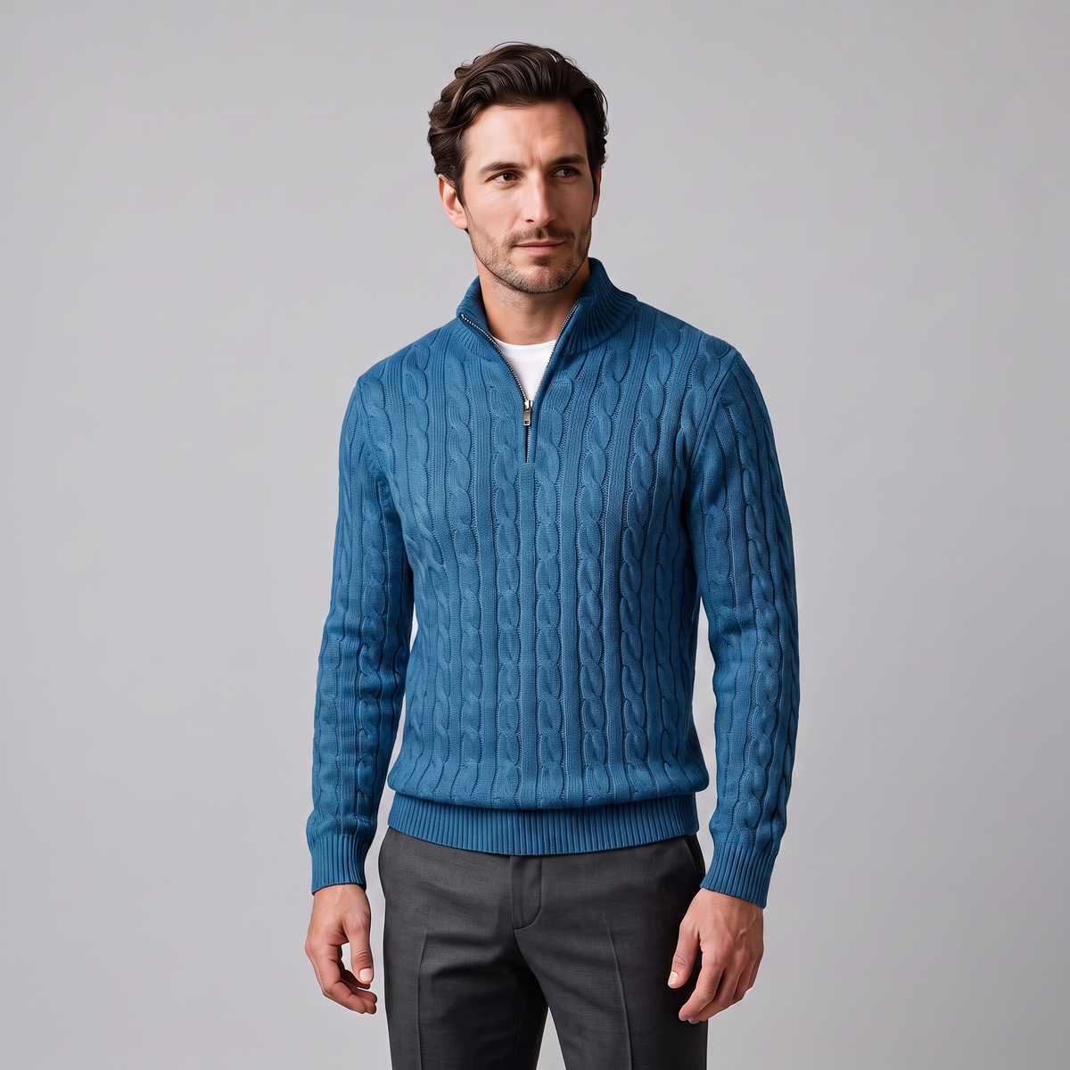 Maglione Uomo Mezza Zip in Maglia a Trecce Collo Alto
