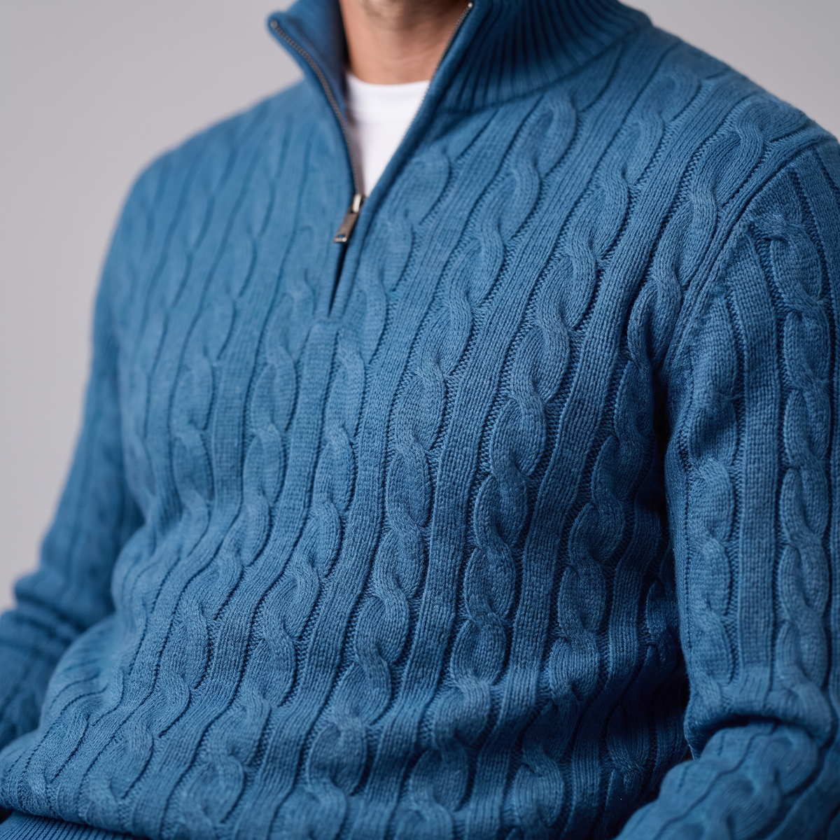 Maglione Uomo Mezza Zip in Maglia a Trecce Collo Alto