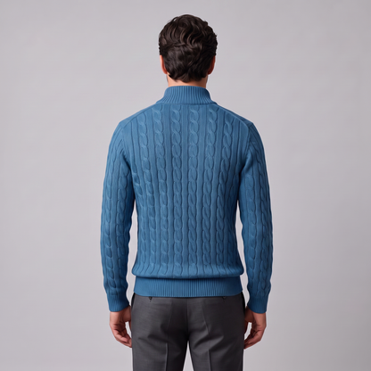Maglione Uomo Mezza Zip in Maglia a Trecce Collo Alto