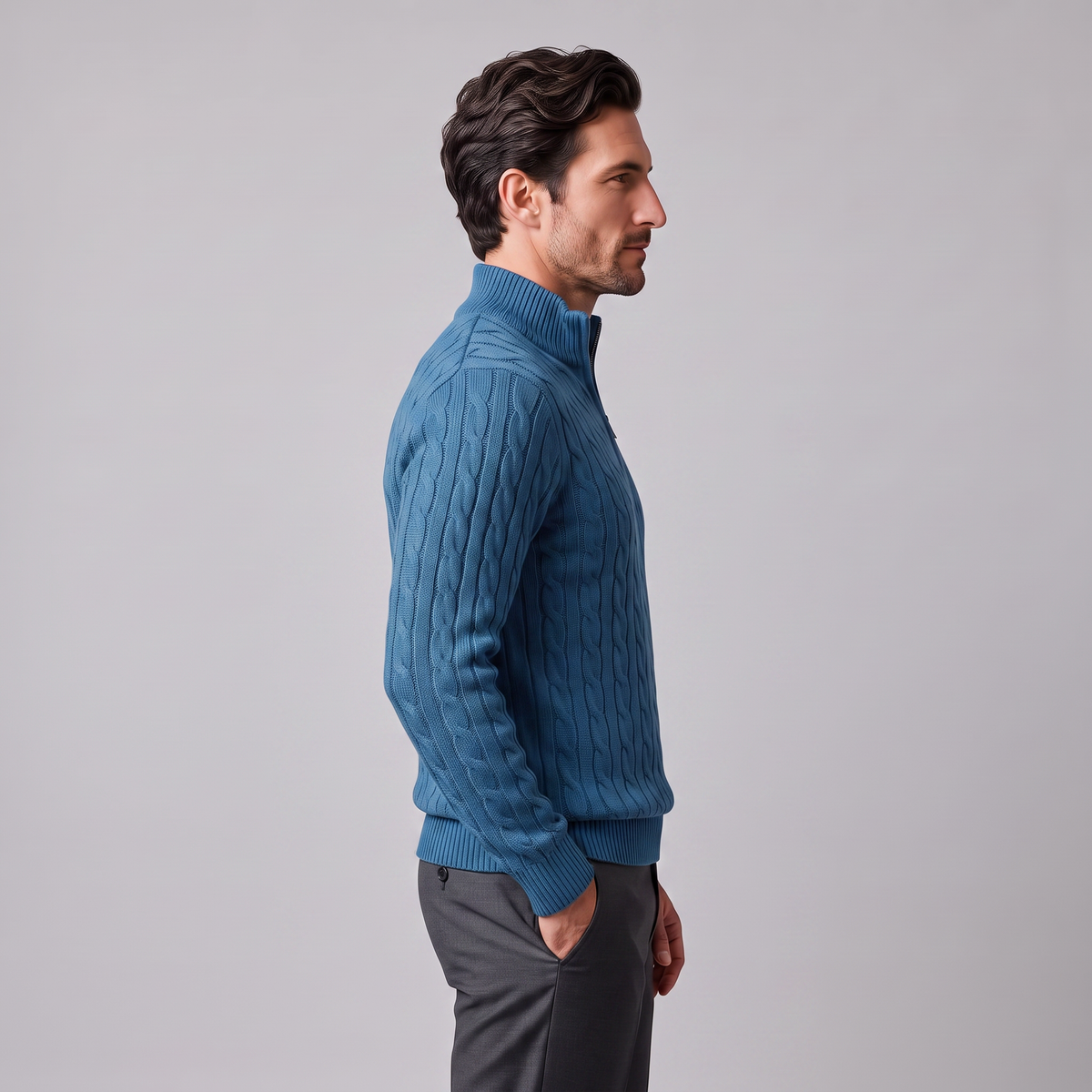 Maglione Uomo Mezza Zip in Maglia a Trecce Collo Alto