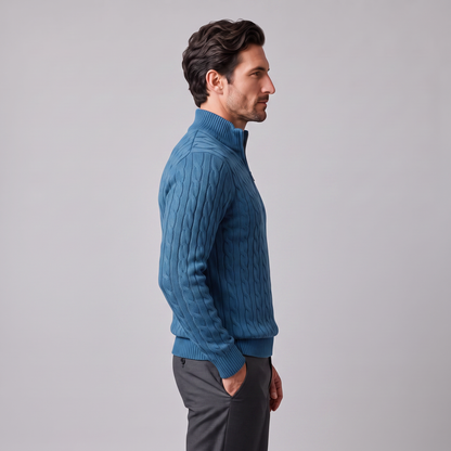 Maglione Uomo Mezza Zip in Maglia a Trecce Collo Alto