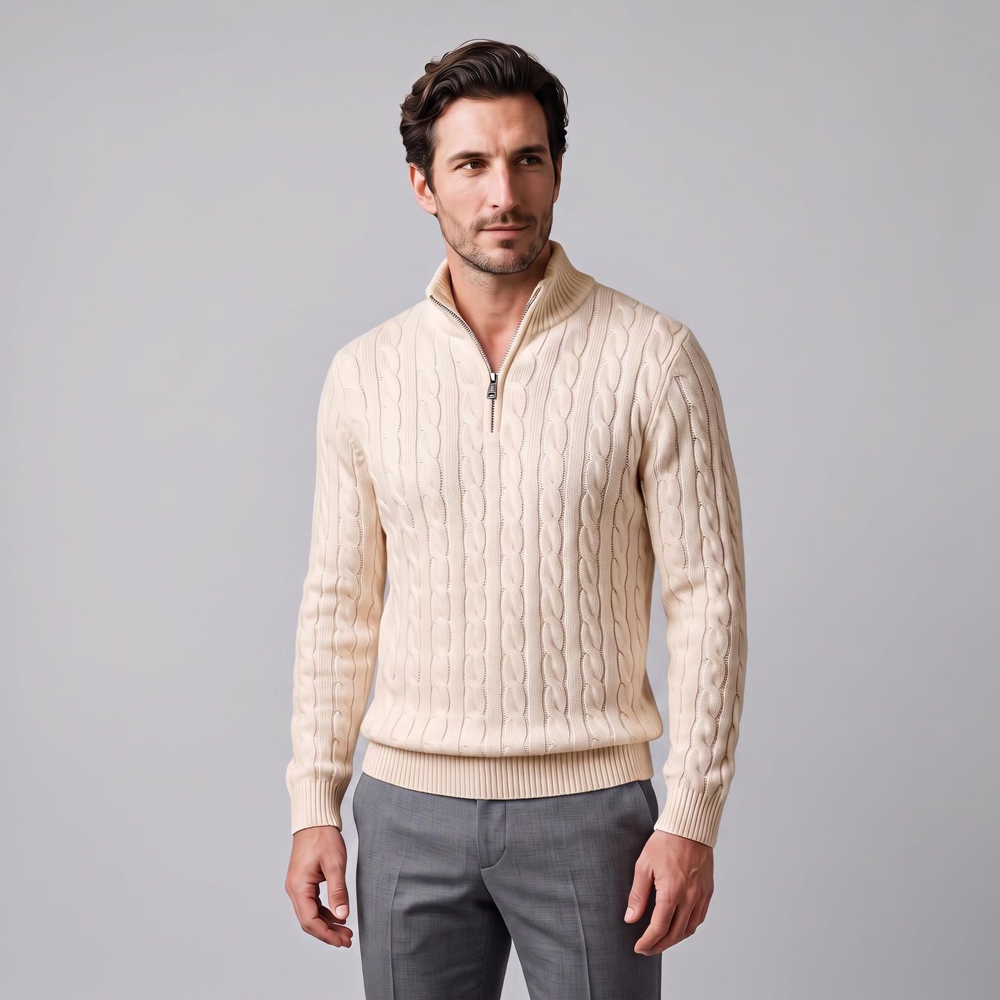 Maglione Uomo Mezza Zip in Maglia a Trecce Collo Alto