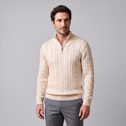 Maglione Uomo Mezza Zip in Maglia a Trecce Collo Alto