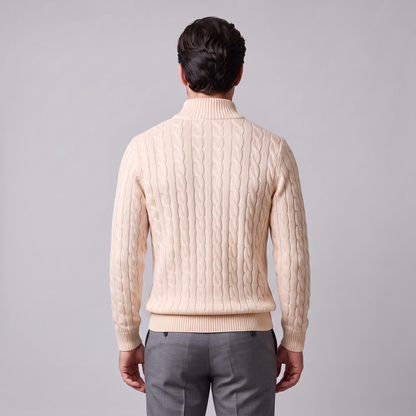 Maglione Uomo Mezza Zip in Maglia a Trecce Collo Alto