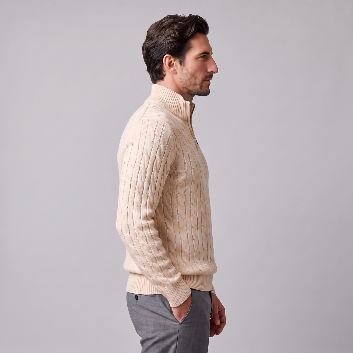Maglione Uomo Mezza Zip in Maglia a Trecce Collo Alto
