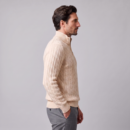Maglione Uomo Mezza Zip in Maglia a Trecce Collo Alto