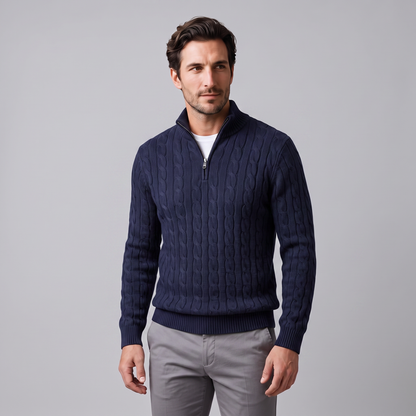 Maglione Uomo Mezza Zip in Maglia a Trecce Collo Alto